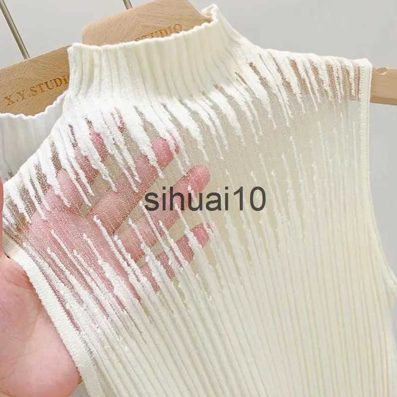 

Women's T-Shirt Hollow Out Gauze Tank Top Turtleneck Elegant Sleeveless Design Slim Camis Knitting Solid Chic Corset Summer Women's Tube Top J230627, Black