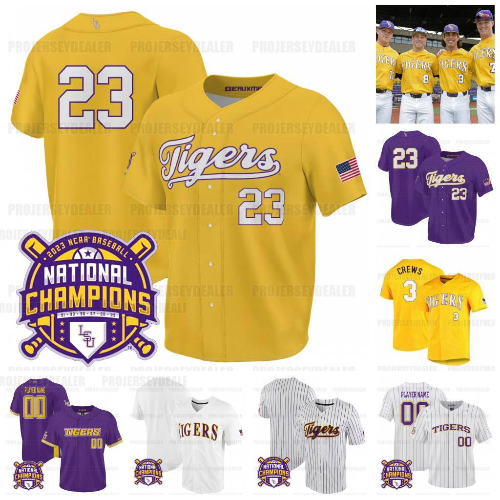 

3 Dylan Crews LSU Tigers 2023 College World Series Champions Baseball Jersey NCAA Alex Bregman Aaron Nola Tre Morgan III White Jake Fraley Gavin Dugas Gausman