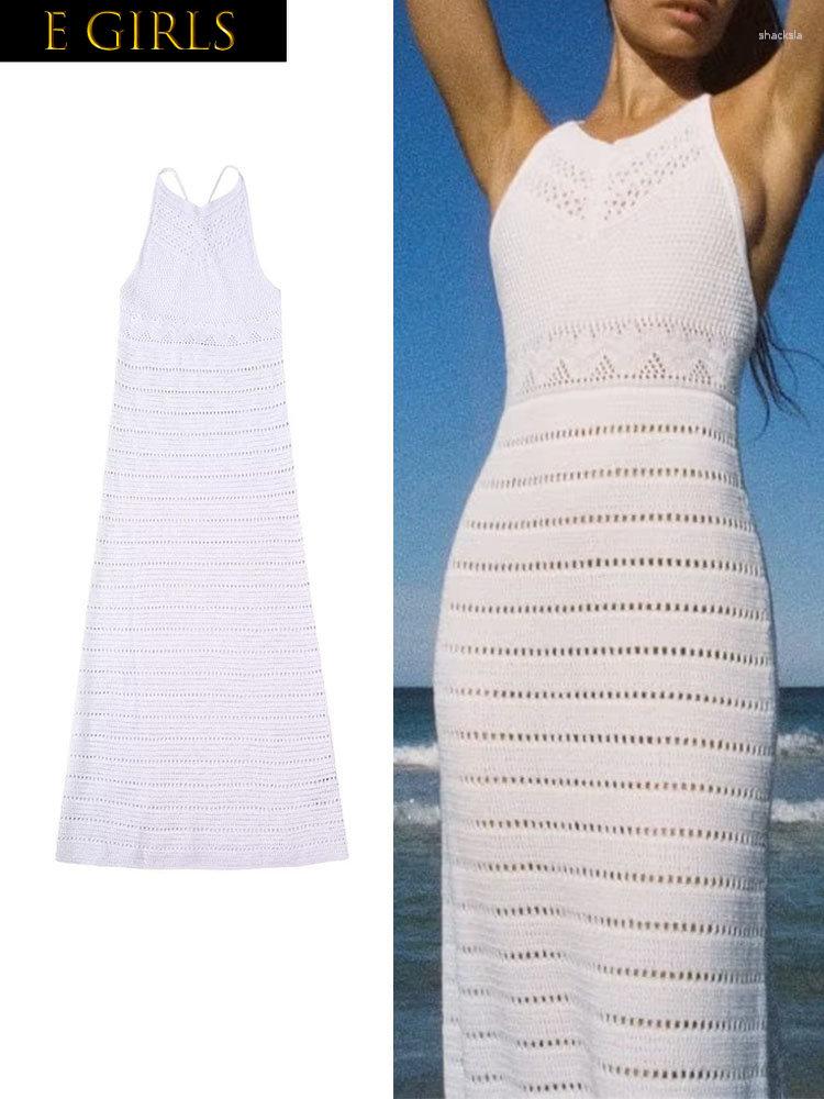 

Casual Dresses E GIRLS Elegant Summer Women' Knitted Backless Long Dress Female Solid Color Hollow Out Slim Beach Style, Picture