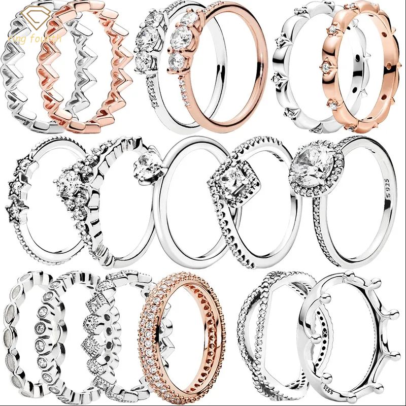 

925 Silver Women Fit Pandora Rings Original Heart Crown Fashion Ring Rose Gold Wishbone Celestial Star Clear Zircon CZ