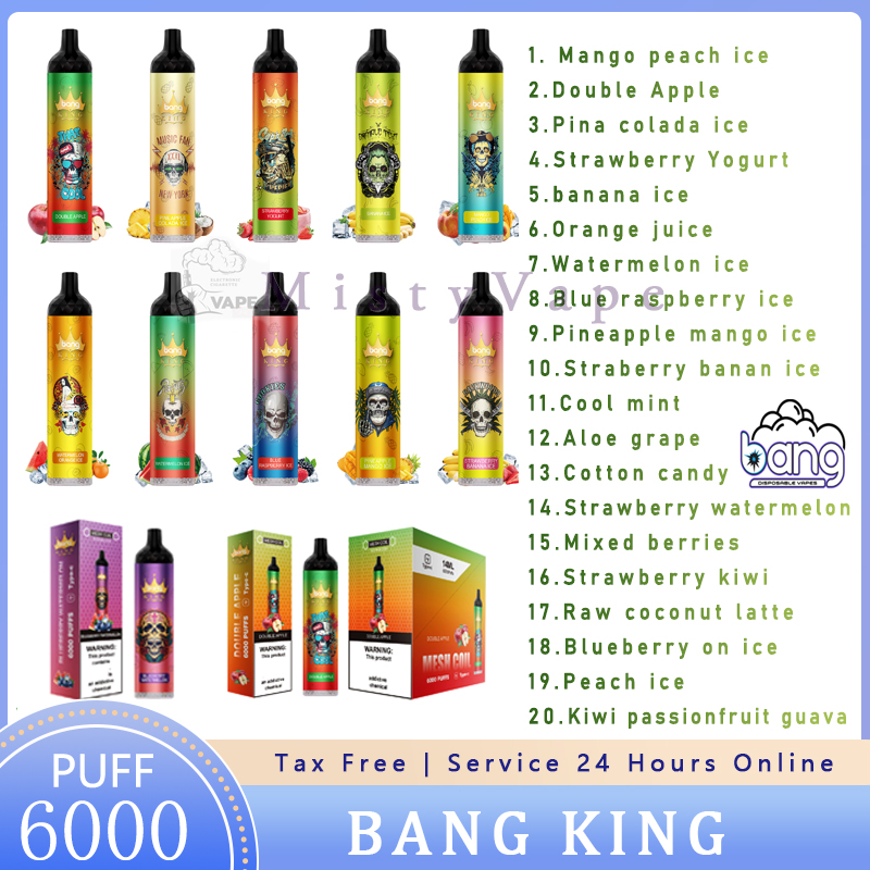 

Original Bang King 6000 Puffs 0% 2% 3% 5% Disposable E cigarette Device Pod Kit 850mAh Rechargeable Battery Prefilled 14ml Coil Cartridge Vape tick Pen VS bang 6000