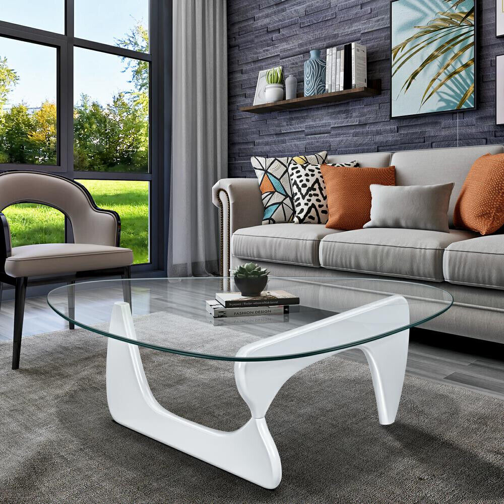 

White Coffee Table Triangle Glass Solid Wood Base
