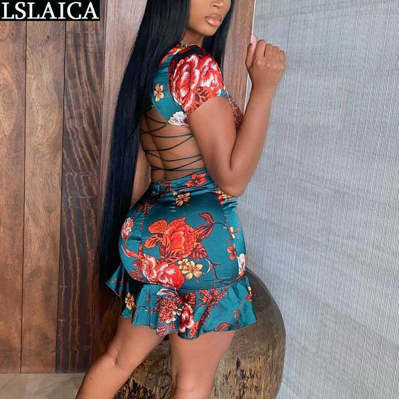 

Dresses for Women Short Sleeve Backless Criss-cross Bandage Deep V Neck Sexy Woman Dress Floral Print Party Club Mini 210611, Green