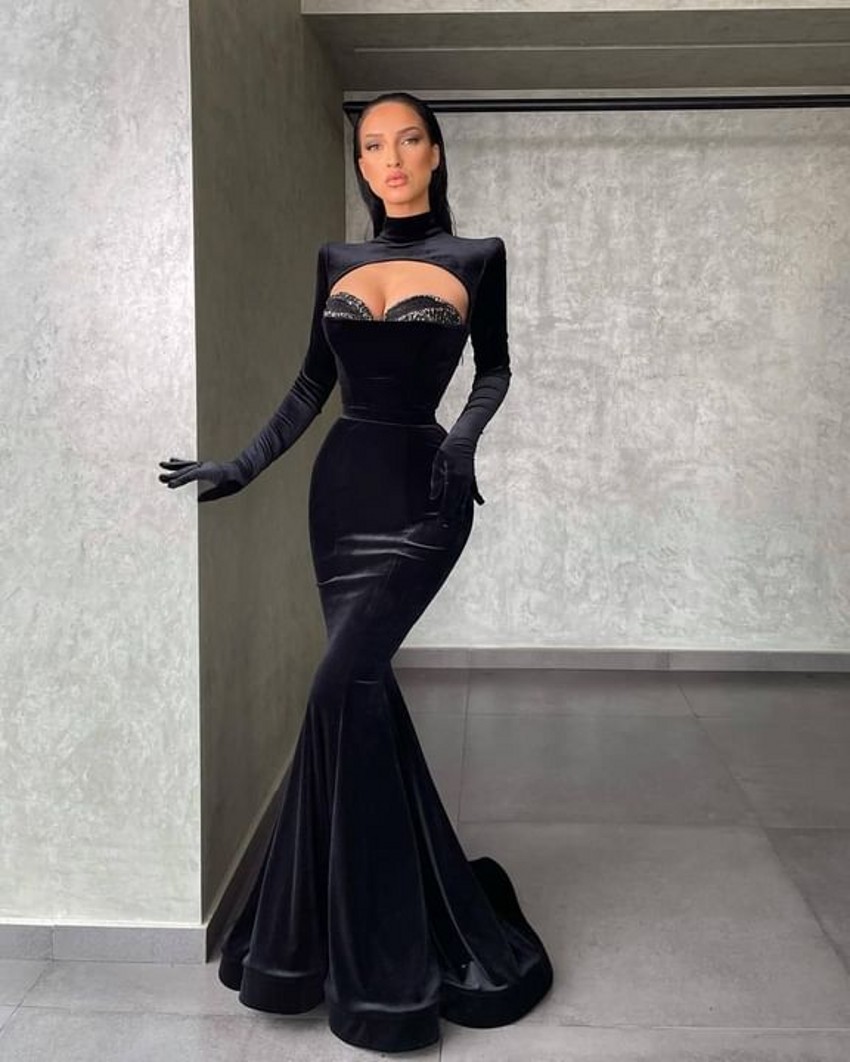 

Elegant Black Mermaid Evening Dresses for Women High Jewel Neck Velvet Sequined Beaded Sweep Train Formal Occasions Birthday Celebrity Pageant Party Prom Gowns, Burgundy