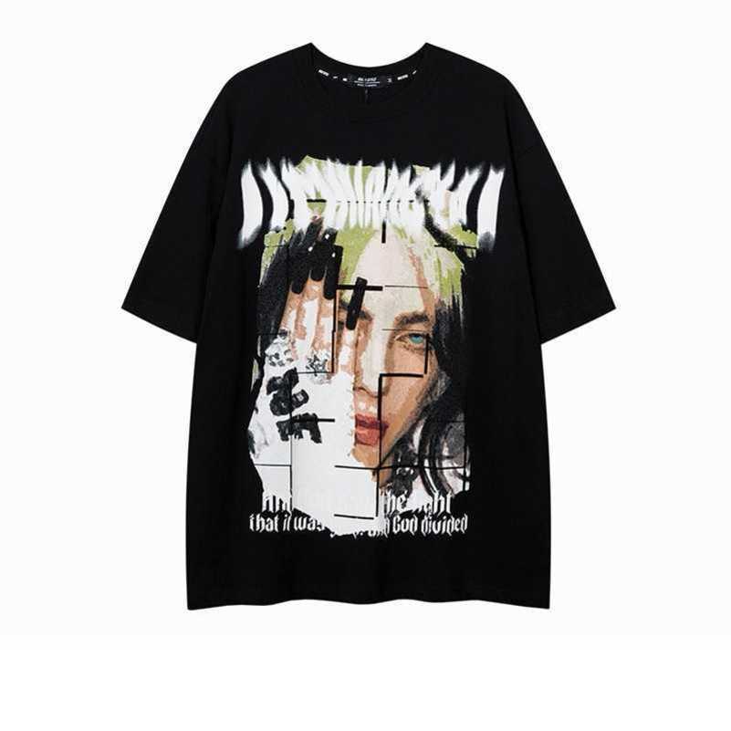 

American trend portrait printed short sleeved T-shirt for men and women oversize loose casual trendy hip-hop half sleeved summer, White 200g