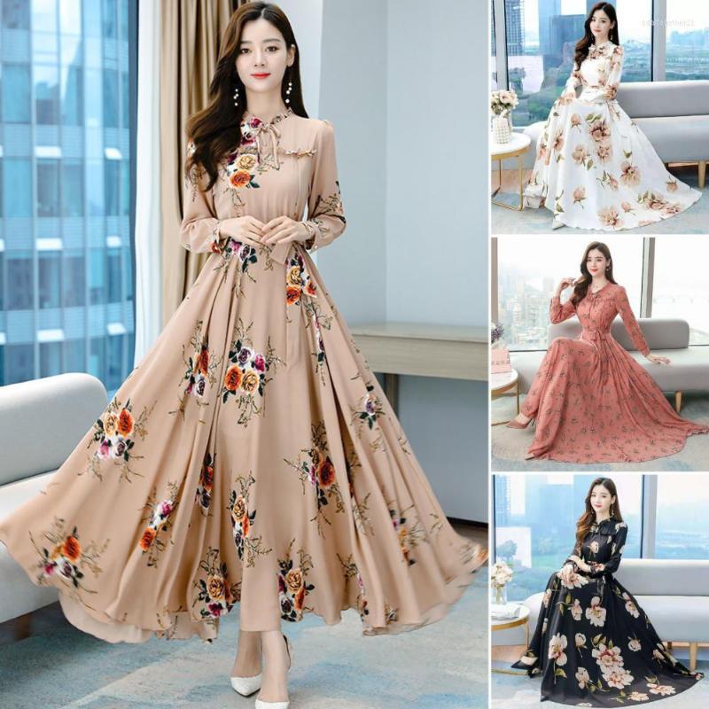 

Casual Dresses Dress Female Women Maxi Temperament Loose Hem Tight Waist Flower Print Lace Up Long Sleeves A-line Banquet Clothes, Black