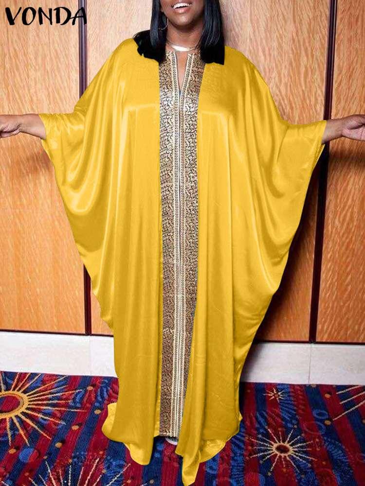 

Dresses Summer Party Dress Vonda 2022 Fashion Women Vintage Printed Patchwork Satin Silk Sundress Casual Loose Long Sleeve Vneck Robe, Blue