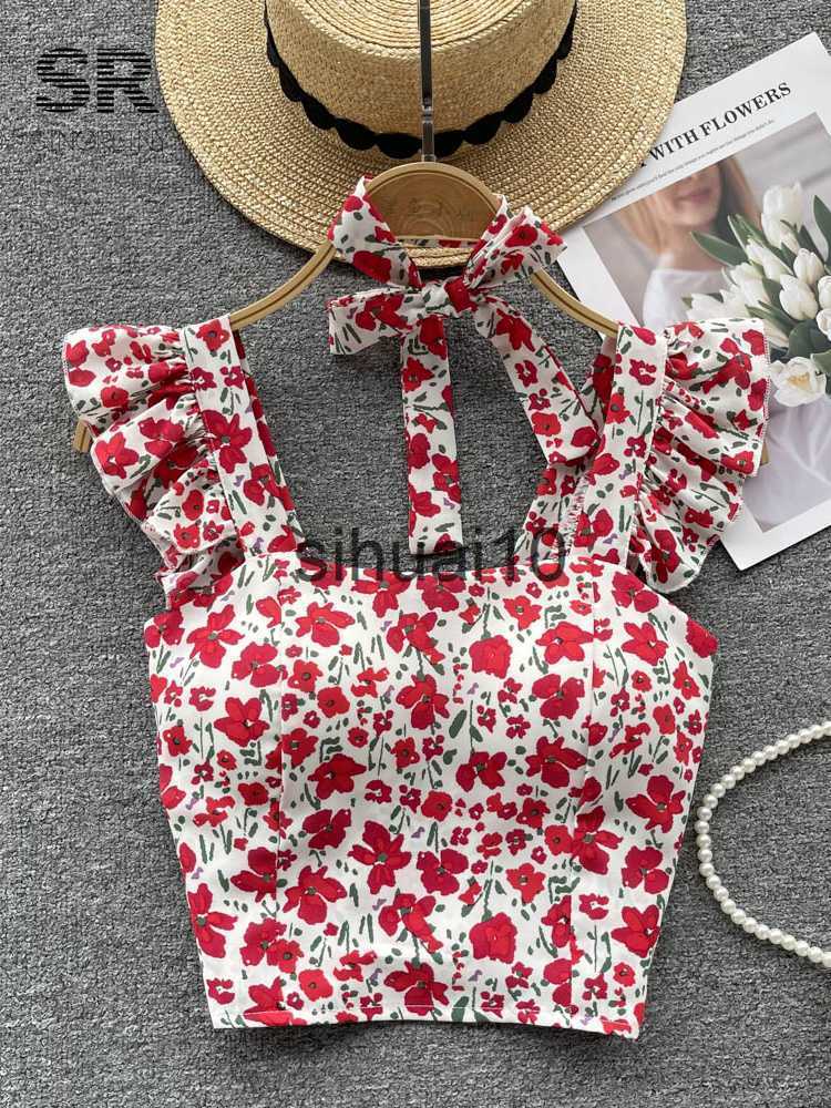 

Women's T-Shirt SINGREINY Floral Print Ruffled Camisole Summer Women Backless Vacation Elastic Waist Ladies Beach Style Y2K Slim Tank Tops J230627, Pink