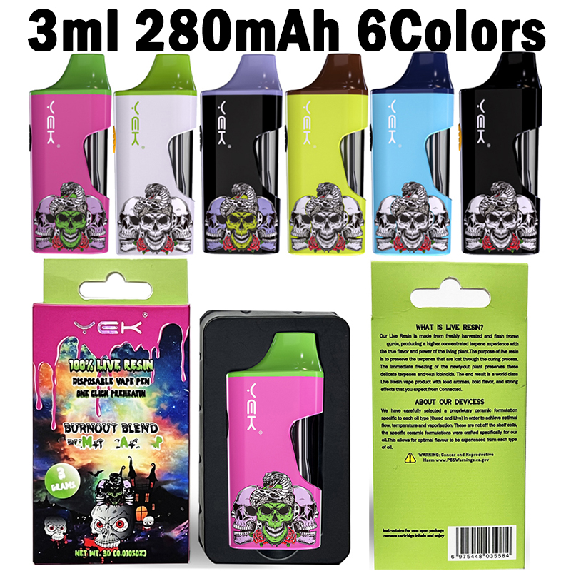 

New Arrive YEK M3 Disposable Vape Pens 6Colors 3ml 3000mg 280mAh Rechargeable Empty Carts Disposable E Cigarette Device Pods Thick Oil Tank Dab Pen