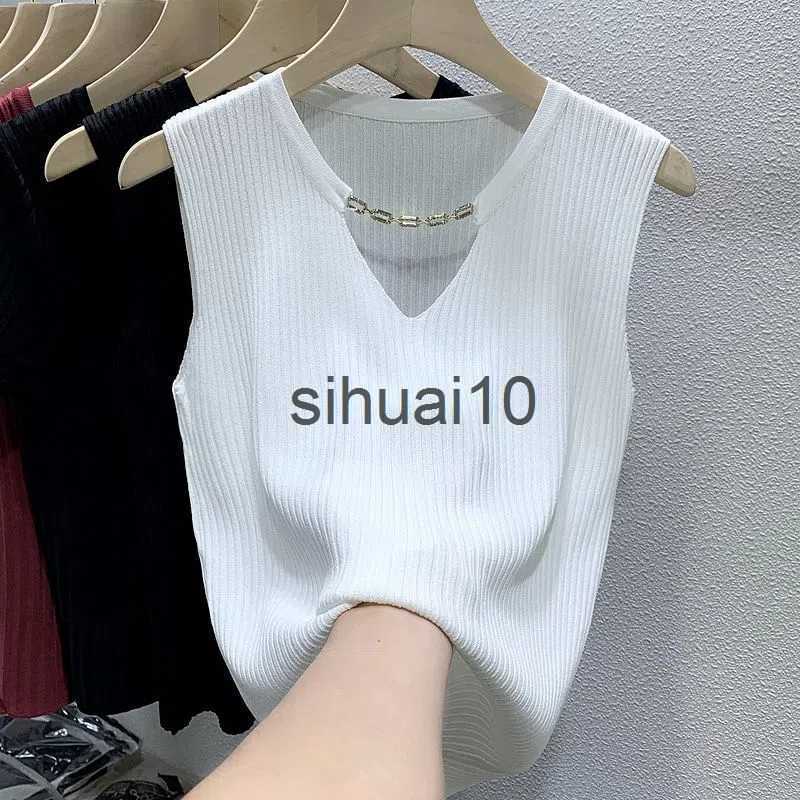 

Women's T-Shirt Chic Chain Tank Top V-Neck Design Sleeveless Camisole Knitted Fashion Loose Summer Women's Aesthetic Clothing Free Shipping J230627, Black