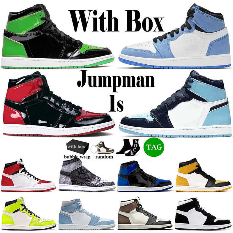 

With Box Jumpman 1 OG 1s Mens Basketball Shoes Visionaire Rebellionaire Heritage Bred Patent Hyper Royal University Blue Obsidian Dark Mocha Women Sneakers Trainer, 19