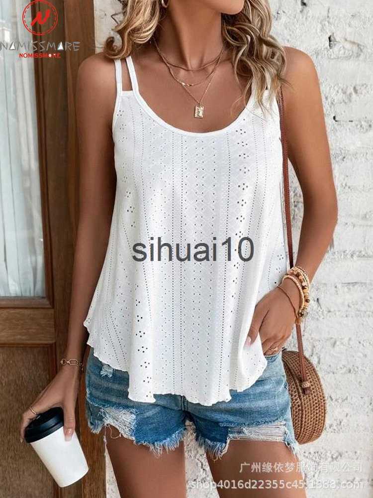 

Women's T-Shirt Fashion Women Summer Solid Color Camis Hollow Out Design Embroidery Decor See Through O-Neck Sleeveless Casual Loose Top J230627, Yellow