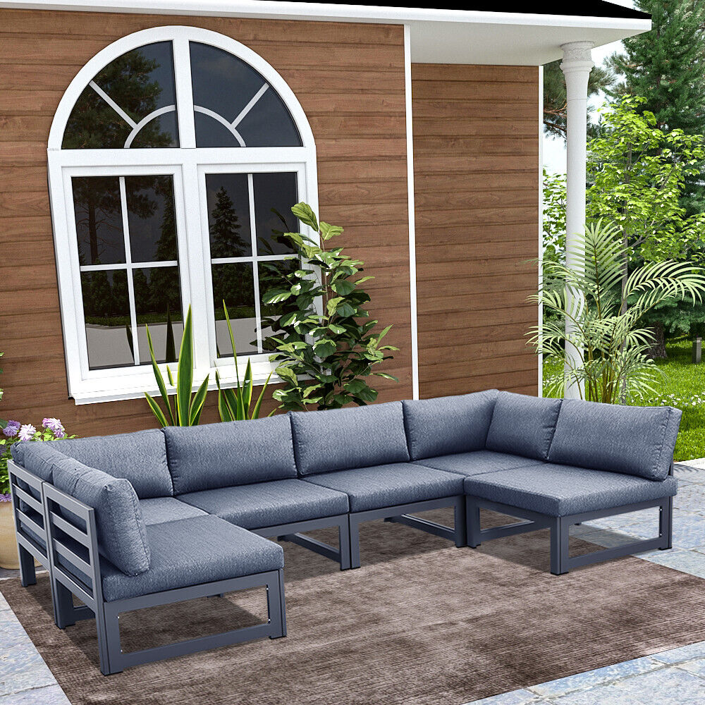

6 Piece Patio Sectional Sofa Set With Gray Cushion Outdoor