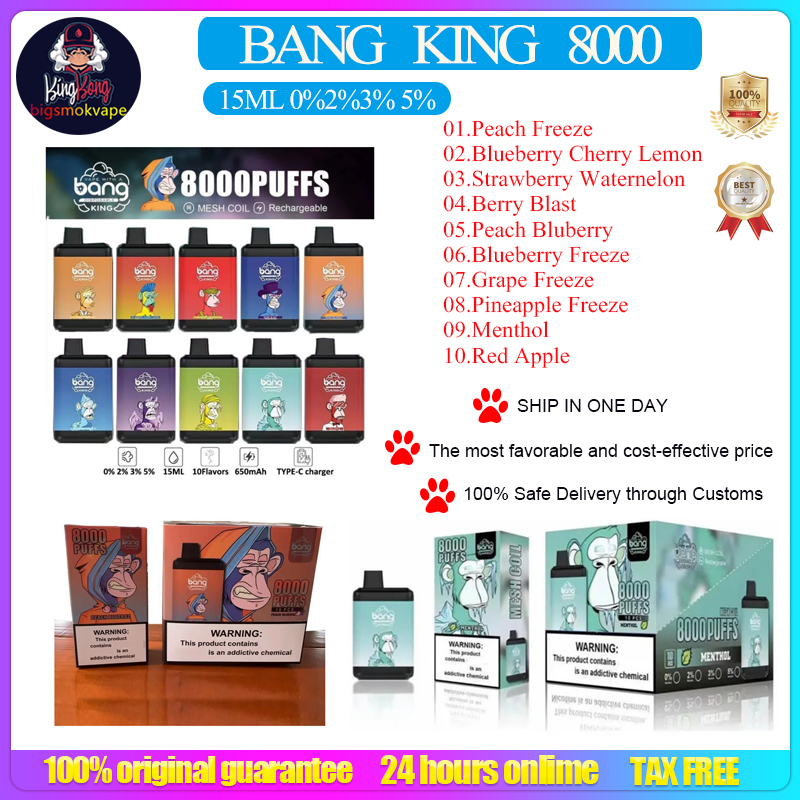 

Original Bang King 8000 Puffs E Cigarette Disposable Rechargeable Vape Pen Device 650mah 15ml Pre-filled Pod Mesh Coil 10 Flavors 0% 2% 3% 5% & bang 8k puff