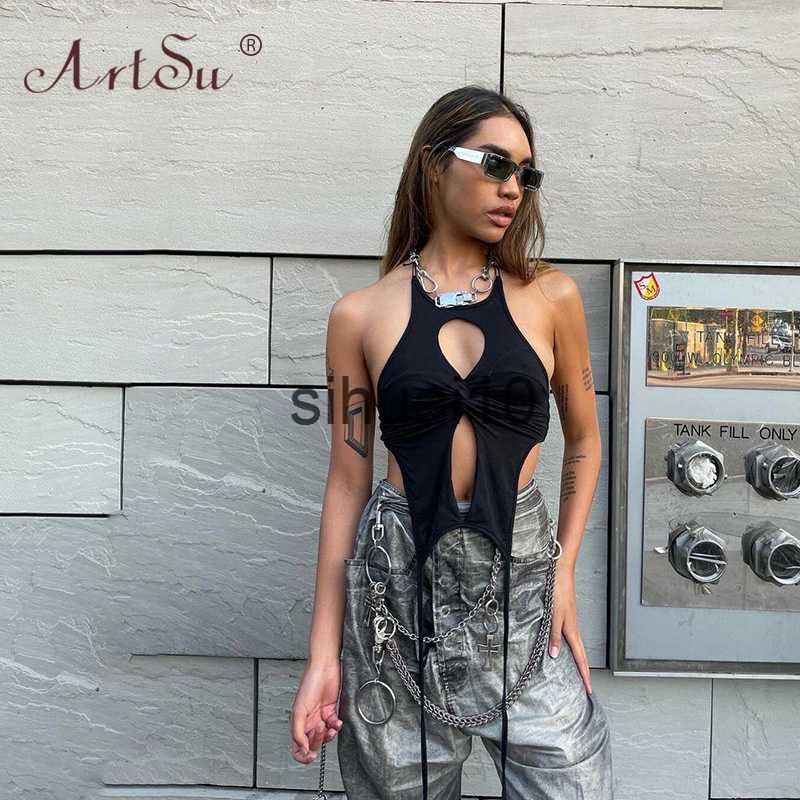 

Women' T-Shirt ArtSu Y2K Gothic Irregularity Halter Crop Top Women Sexy Hollow Out Backless Camisole Summer Fashion Streetwear Black J230627