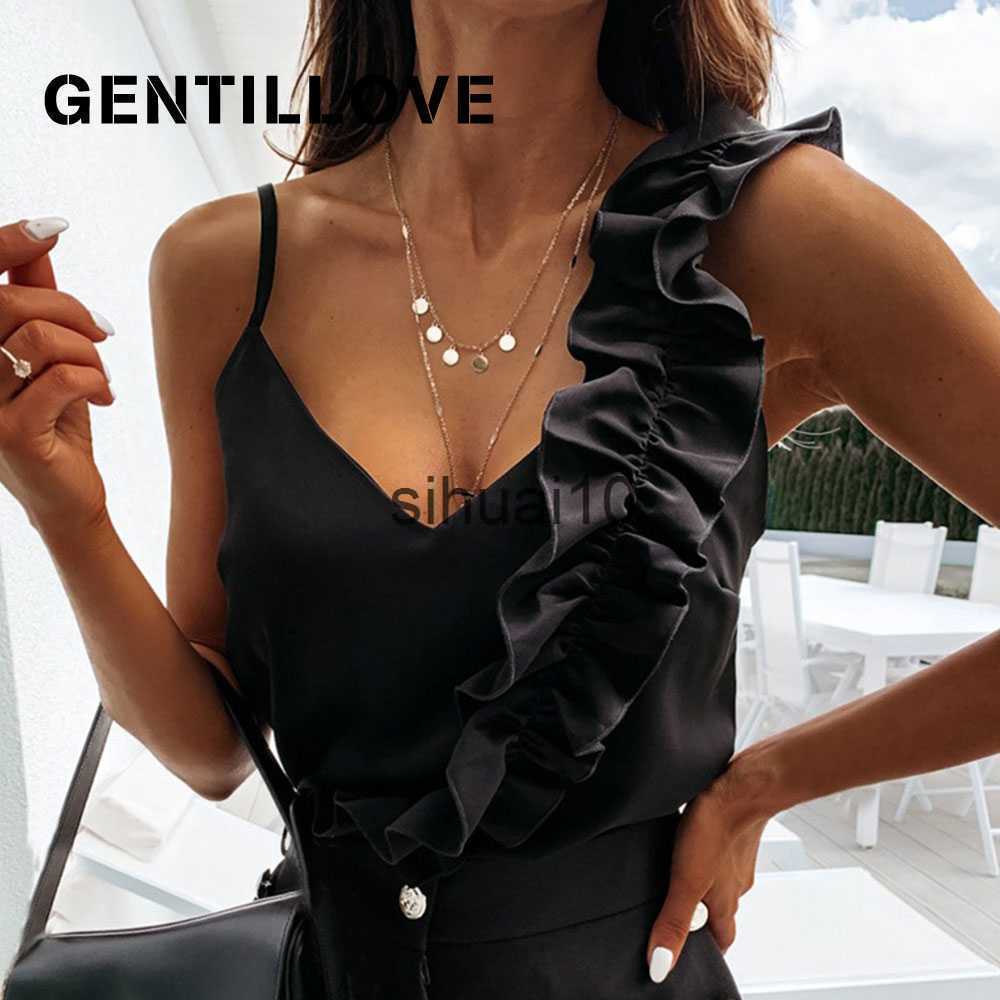 

Women' T-Shirt Irregular Backless Women Tank Top Ruffles V-Neck Spaghetti Strap Sexy Sleeveless Off Shoulder Elegant Ladies Casual Summer Vest J230627, Black