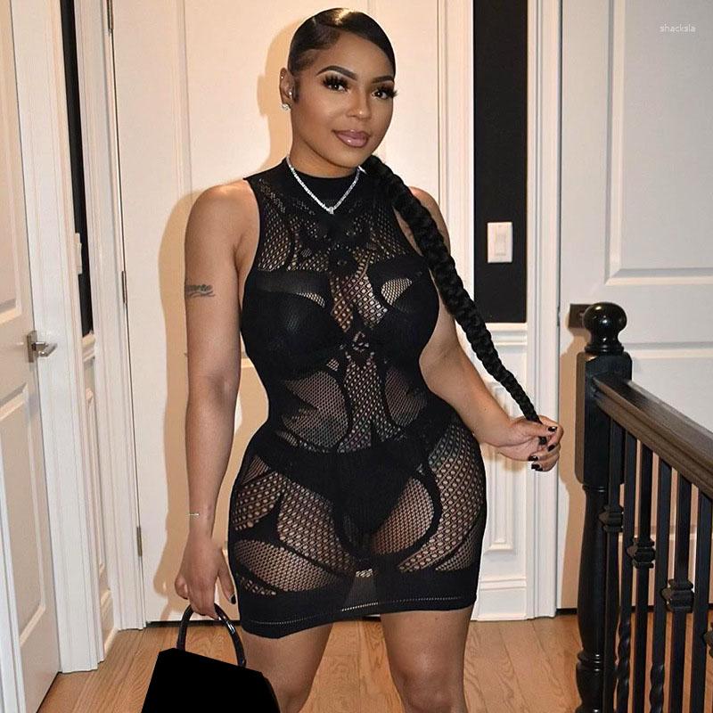 

Casual Dresses WUHE Black Fish Net Mesh See Through Bodycon Sexy Club Party Dress Summer 2023 Sleeveless Mini Women