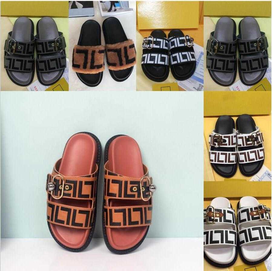 

Top quality Brown FF Pool Slide Sandals for women slippers flat Slip On buckle man shoes flats sandal luxury designers slides high band slipper factory footwear