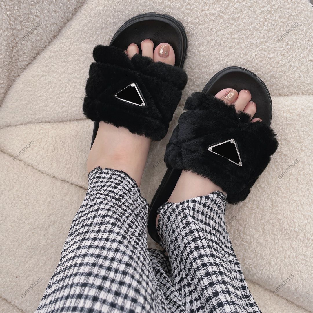 

Designer Woman Slippers Fashion Warm 100% wool cotton inverted triangle black shoes Indoor Outdoor luxury Womens Slipper pantoufle designers for Autumn Winter, #2