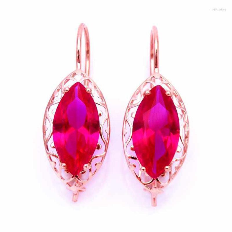 

Dangle Earrings 585 Purple Gold 14K Rose Inlaid Marquise Shape Ruby For Women Long Classic Series Luxury Engagement Jewelry
