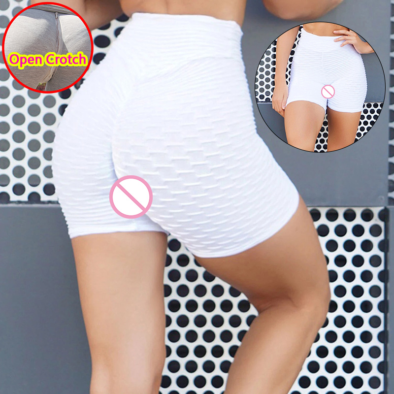 

Woman Sexy Open Crotch Leggings Yoga with Hidden Zippers Push up Skinny Crotchless Mini Pants Sport Elastic Breathable Erotic Shorts, Blue