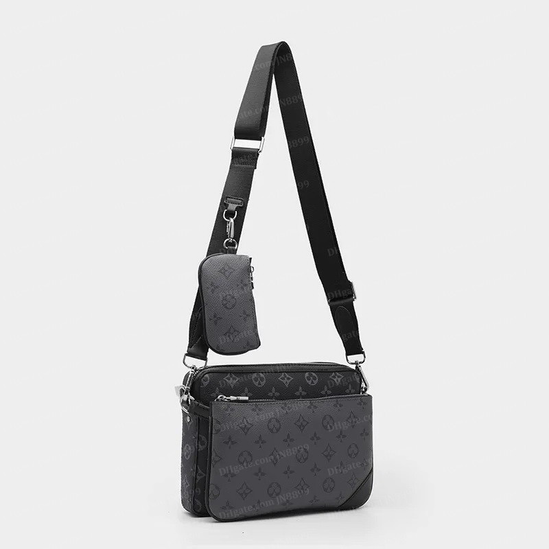 Luxury Designer Bags Men 3pcs Sets Trio Leather Black Flowers Messenger Purse Crossbody Bags Shopping Bag Plain Shoulder Bag Handbags Women Walle-image-858362233