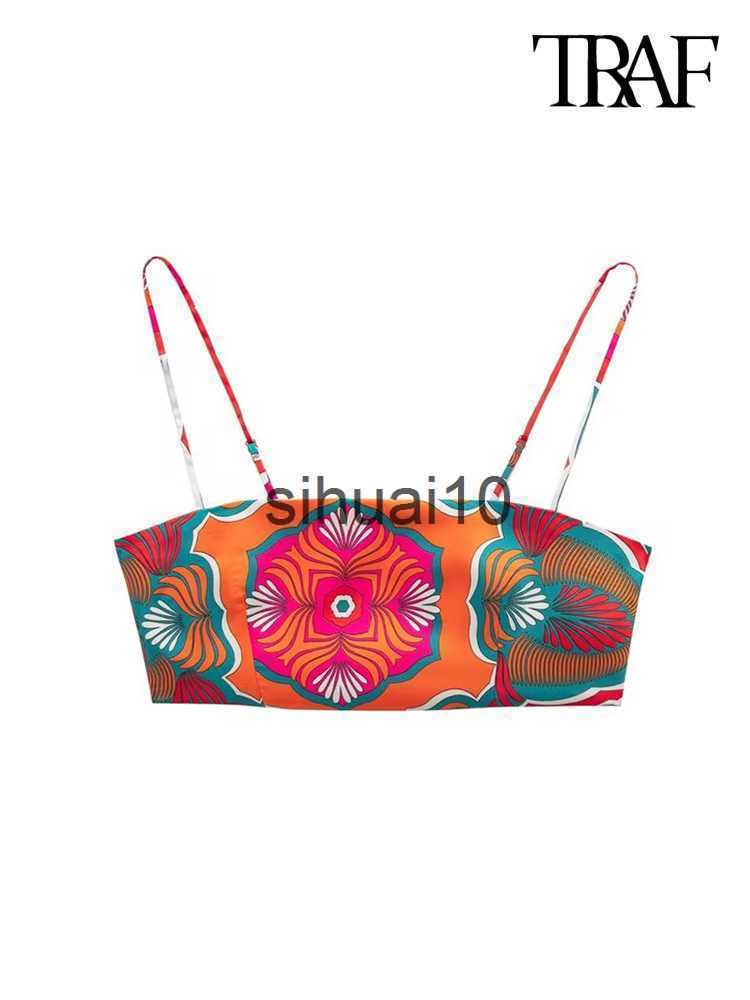 

Women's T-Shirt TRAF Women Fashion Printed Cropped Tank Tops Vintage Backless Elastic Side Zipper Thin Straps Female Camis Mujer J230627, As picture