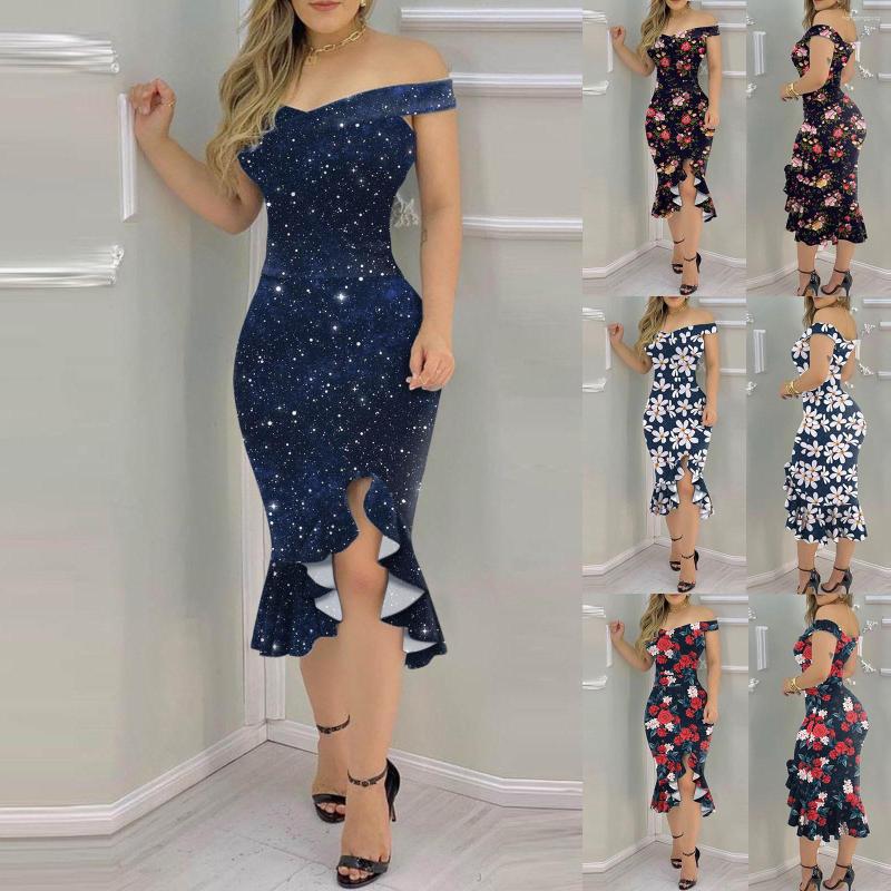 

Casual Dresses Women Fashion Floral Print Dress Plain Cold Shoulder Ruffle Loose Hem Slit 2023 Summer Elegant Party Sexy Vestidos, Bht