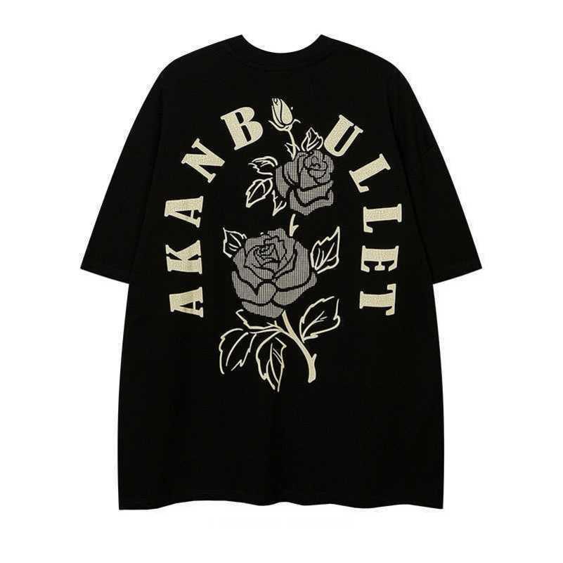 

Trendy brand ins short sleeved t-shirt for men with a sense of niche design. Trendy American high street print with loose oversize half sleeved women, Black 200g