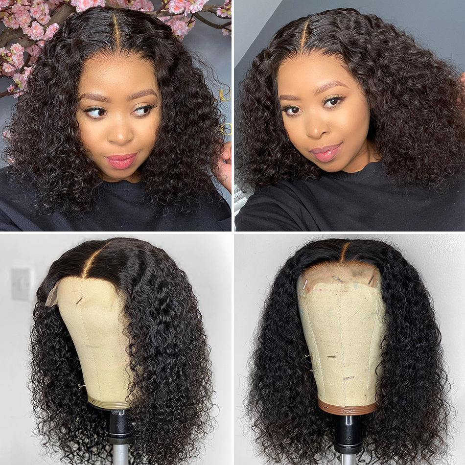 

Brazilian Deep Wave Human Hair 4x4 Lace Closure Wig Natural Short Bob Curly Wigs For Black Woman, Natural color