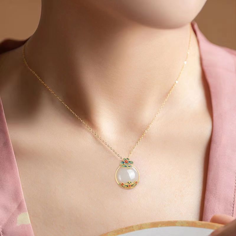 

Pure silver ancient gold Hotan Jade necklace female enamel koi lotus jade pendant luxury senior