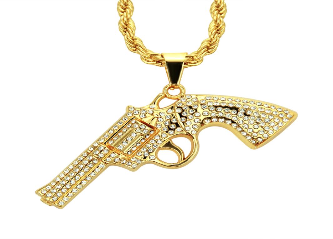 

Hip Hop Pistol Gun Necklace Pendant Iced Rhinestone Gold Silver Color Charm Hand Gun Bling bling Jewelry Long Cuban Chain2880482