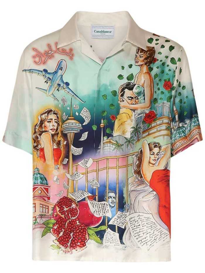 

Casablanca Casual Men Designer Shirts Twill Silk Short Sleeve Tops Hawaii Beach Shirt Casablanc, Lawngreen