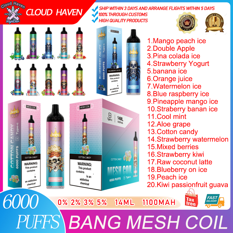 

Original Bang Mesh Coil 6000 Puffs 0% 2% 3% 5% Disposable Vape Pen Electronic Cigarettes bar 850mAh Rechargeable Battery Prefilled 14ml Coil Cartridge Vapor Bar & bang 6k