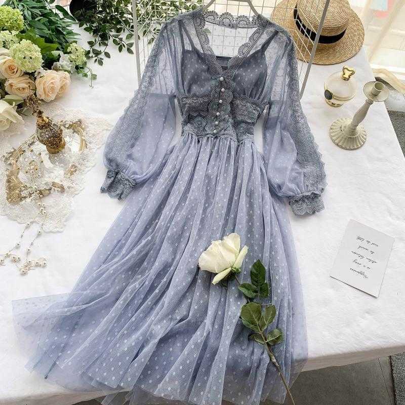 

Women Mesh Lace Crochet Dresses V-neck Elegant Prom Puff Sleeves Sexy Slim Swing Long 210611, Blue