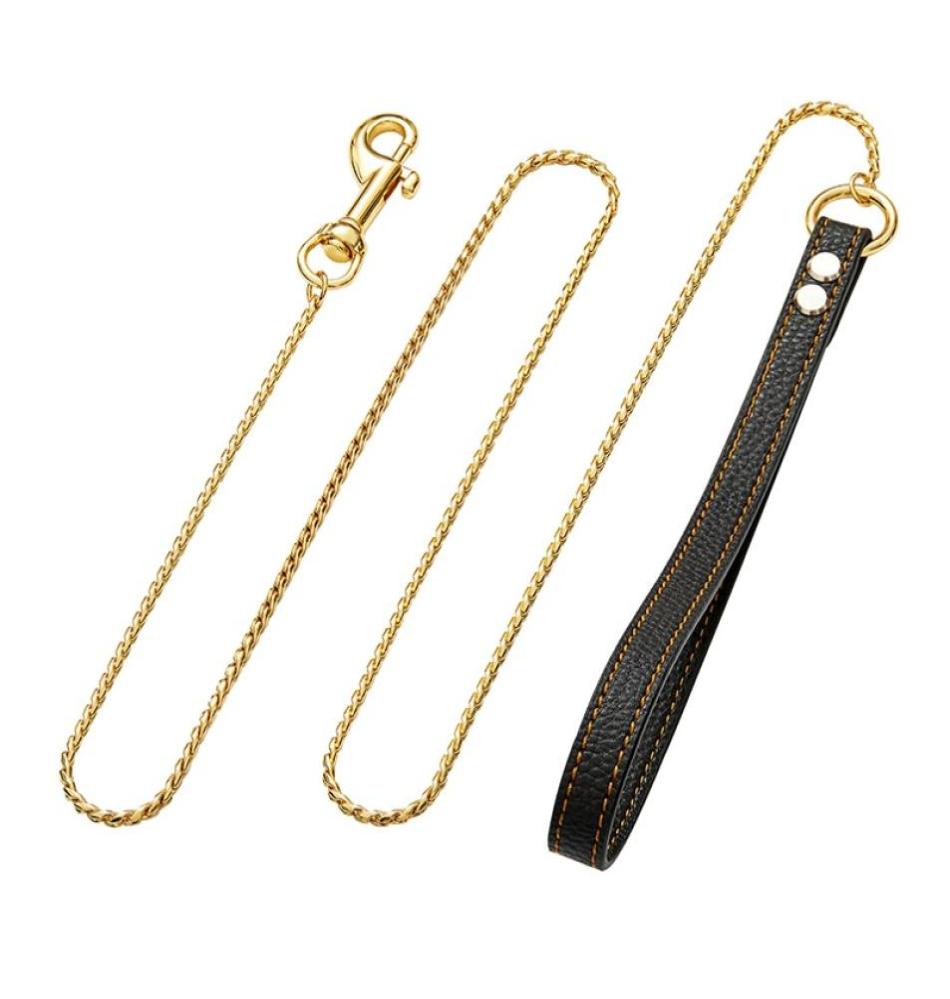 

4mm gold stainless steel chain pet training chain black rope leather handle Necklace length 100cm3000759