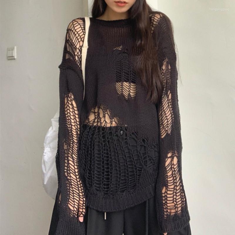 

Women' Sweaters Harajuku Gothic Oversized Knitted Sweater Hollow Out Hole See Through Pullovers Emo Streetwear Grunge Clothes Y2k Tops