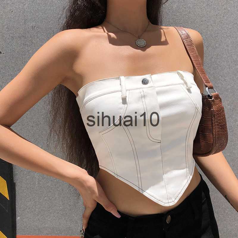 

Women's T-Shirt SEASONS White Strapless Cropped Tube Top Women Sexy Backless Boob Tube Crop Tops Zipper Black Thread Camisole Summer ASVE83294 J230627