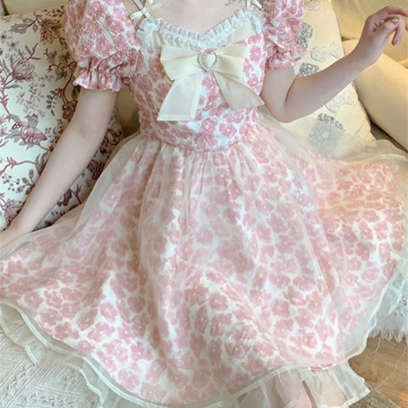 Lace Lolita Print Dress Women French Y2K Patchwork Sweet Party Mini Dresses Female Pink Bow Summer Floral Kawaii Dress 220526