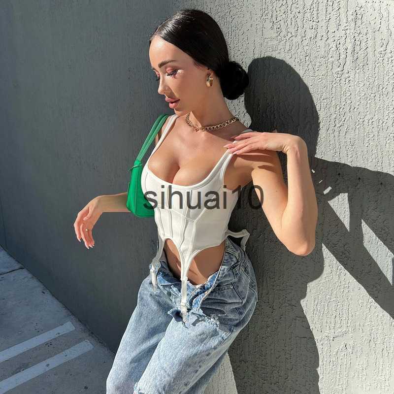 

Women's T-Shirt Sexy Backless Irregular Crop Tops Long Straps Design Square Neck Sleeveless White Sexy Tank Tops Women Fashion Streetwear J230627