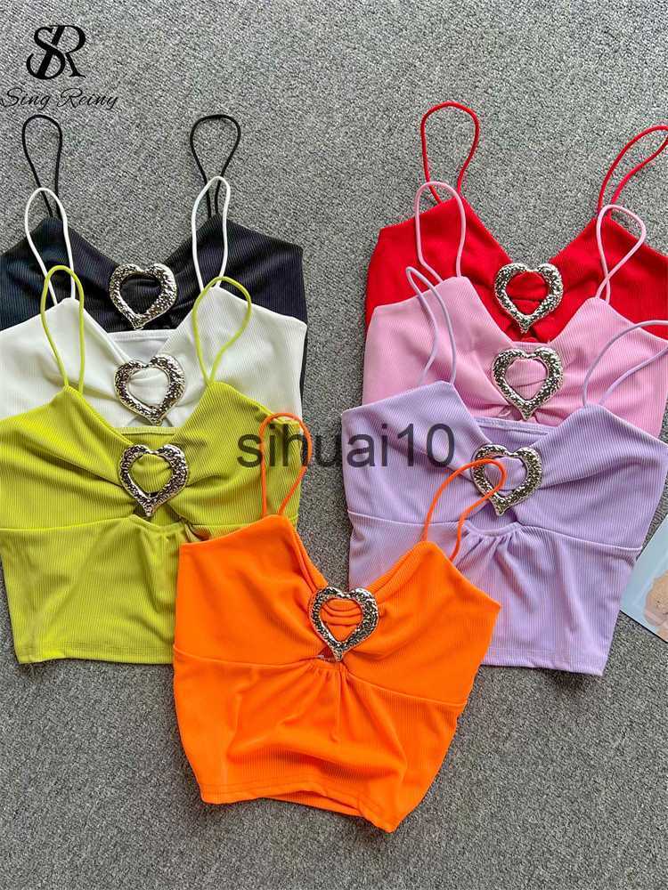 

Women's T-Shirt SINGREINY Streetwear Sexy Camis Women Tops Love Design Strap Slim Sleeveless Tops 2023 Vacation Backless Ladies Short Camisole J230627, Orange