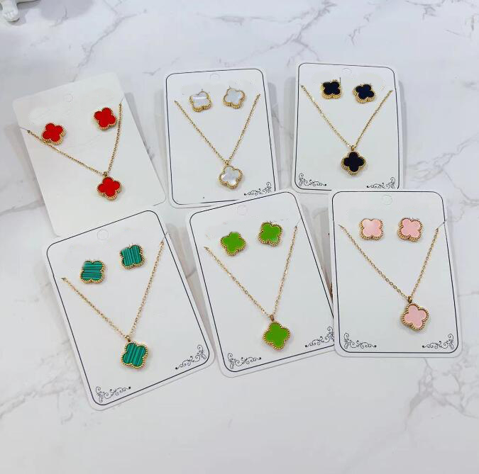 

Fashion Designer Classic 4/Four Leaf Jewelry Sets Earrings Necklace Retro Women Wedding Lovers Gift, Light green