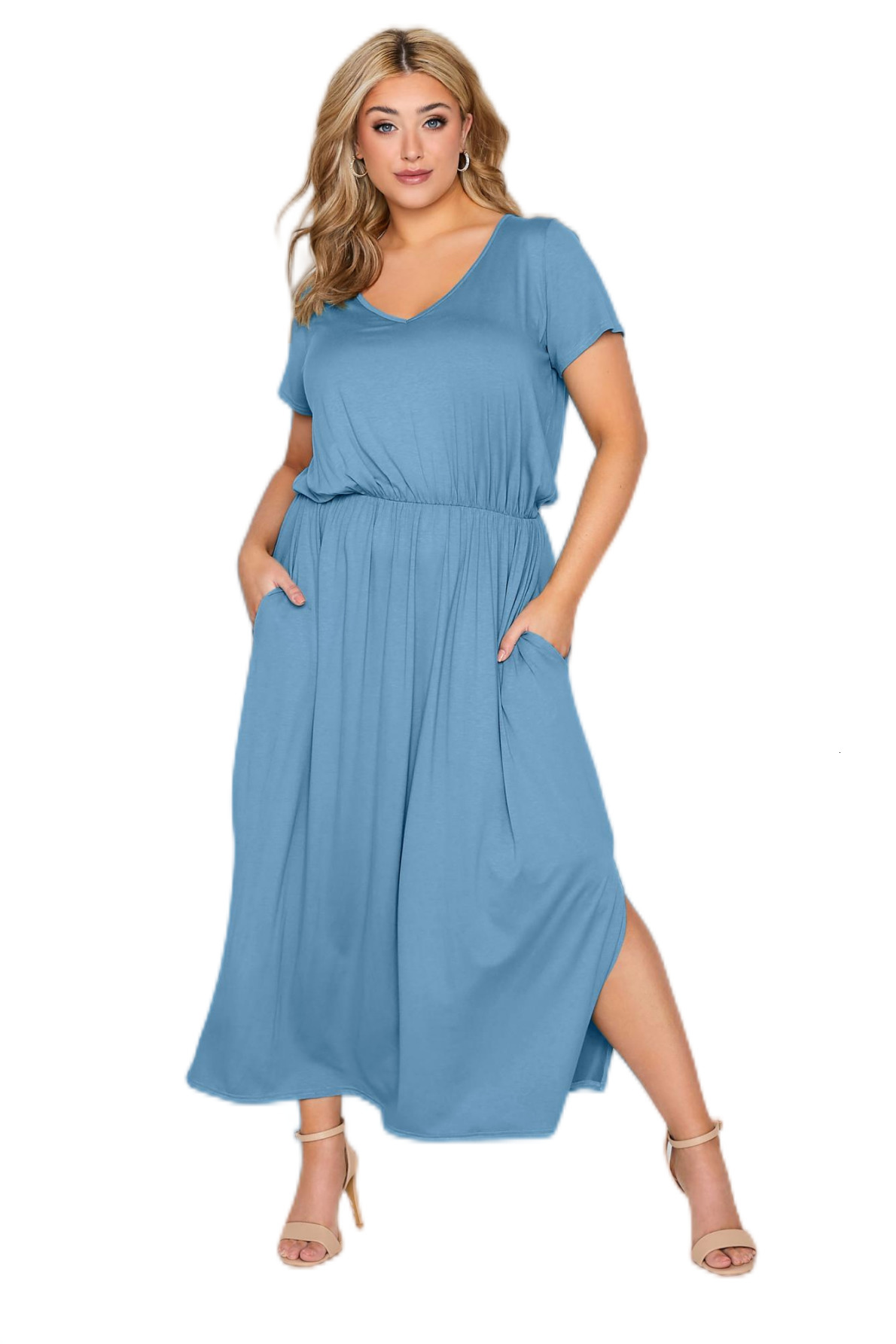 

Plus size Dresses Size Summer Elegant Fashion Vneck Party Dres Short Sleeve Elastic Waist Maxi Straight Weekend Beach Dress 6XL 7XL 230627, Light blue