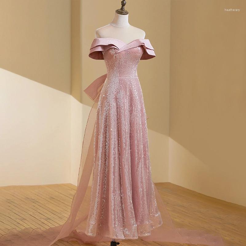 

Ethnic Clothing Women Pink Off Shoulder Wedding Dress Sexy Backless Party Prom Sparkly Exquisite Sequins Ball Gown Vestido De Festa