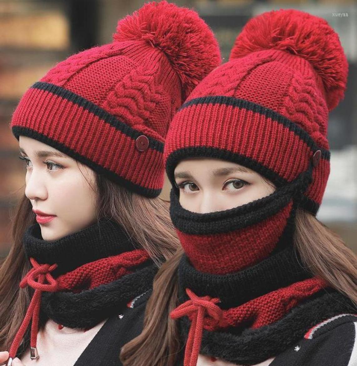

Bandanas Women39s Winter Warm Woolen Hat And Bib Threepiece Knitted With Ear Protection Bandana Neck Gaiter Bandanas5092616