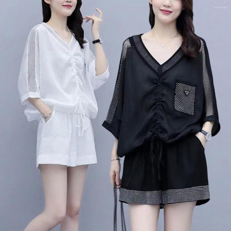 

Women's Tracksuits 2 Pcs/Set Women Top Shorts Set V Neck Pleated Drawstring Three Quarter Sleeves Plus Size Commute Casual Elastic Waist, Black