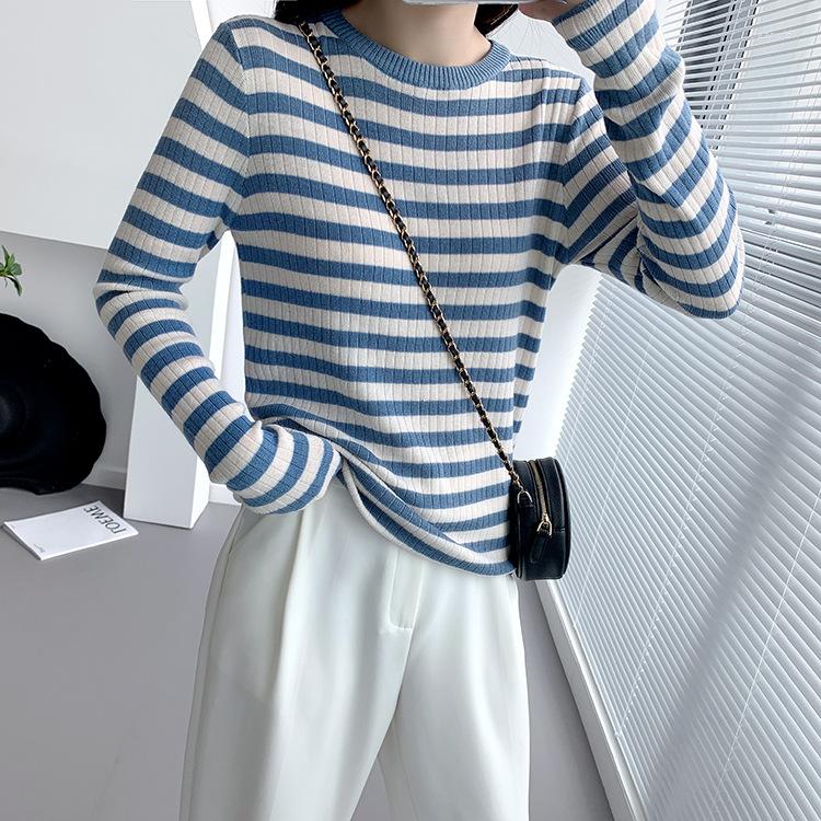 

Women's Sweaters Loose Casual Streetwear Striped Knit Women Sweater Pullovers Full Sleeves Elegant Lady Crop Tops Clothes Blue&Black