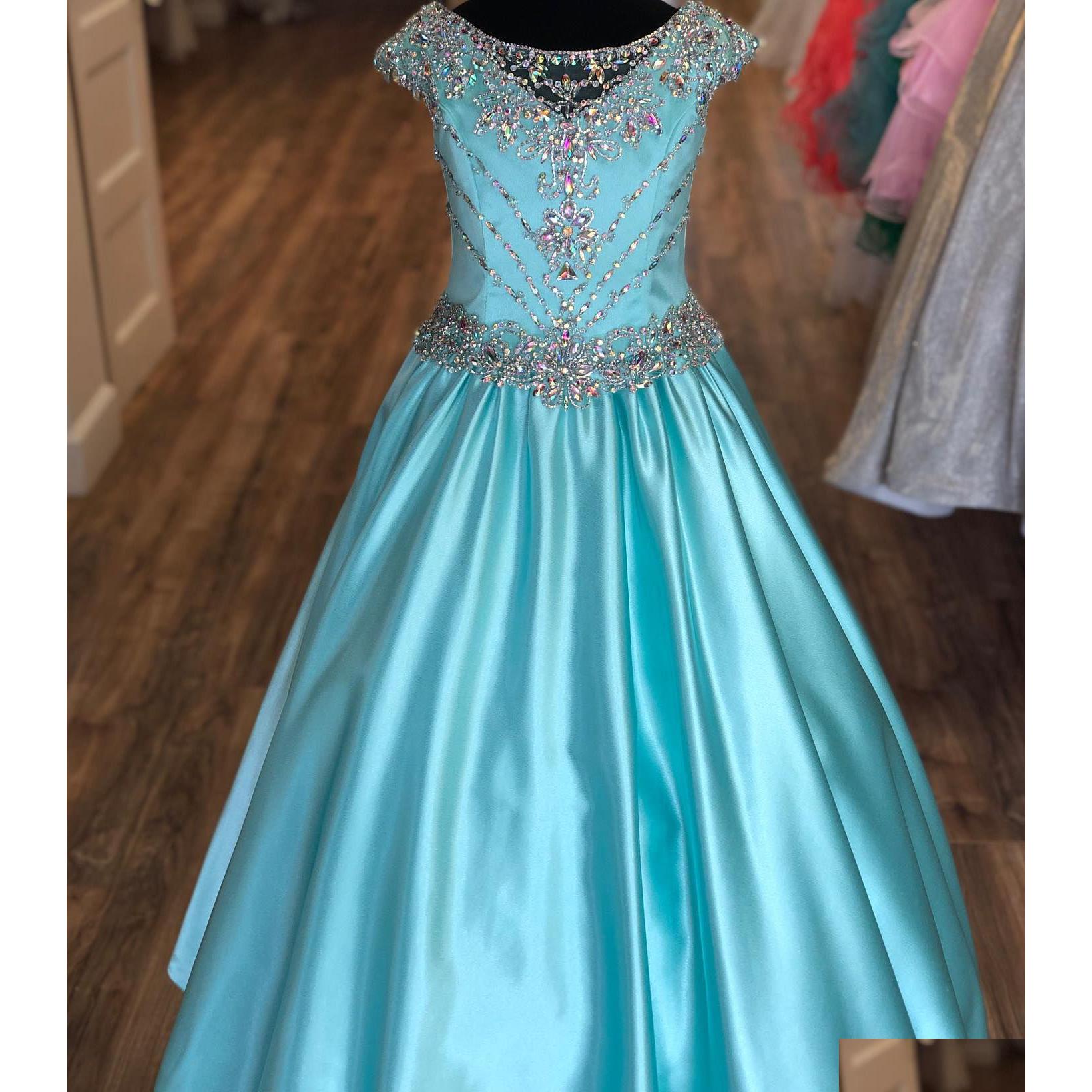 

Girl'S Pageant Dresses Aqua Satin Dress For Teens Juniors Toddler 2021 Ab Stones Crystal Long Gown Little Girl Cap Sleeve Formal Par Dh0Ca, Silver