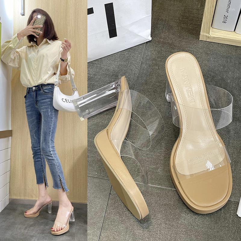 

Sandals Fashion For Women Casual Square Super High Heels Shoes Transparent Slip On Crystal Summer Plus Size, Apricot7cm