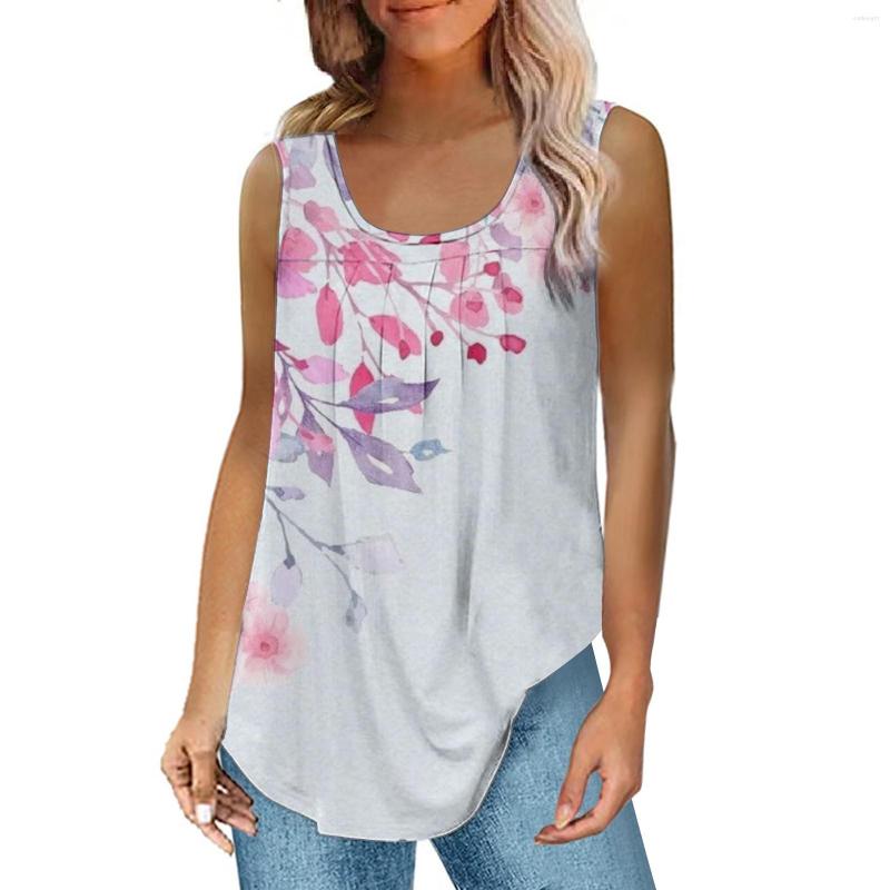

Women' Tanks Women' Fashion Casual Sleeveless Square Neck Flower Printed Tank Summer Beach Pleated Floral Print Loose Top Comfort Vest, Sky blue